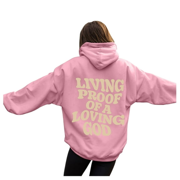 Kaprioy Hoodies for Women Letter Graphic Bible Verse Oversized Long Sleeve Jesus Faith Sweatshirts Pullover Fashion Clothing Pink, L