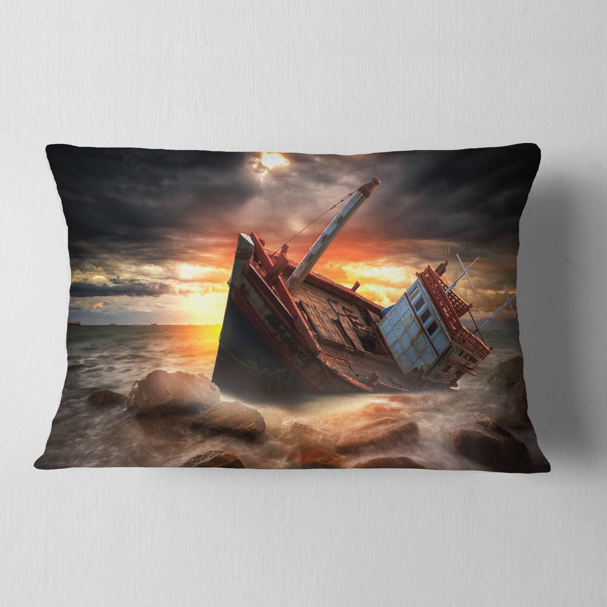 Designart Fishing Boat Beached - Landscape Photography Throw Pillow - 12x20