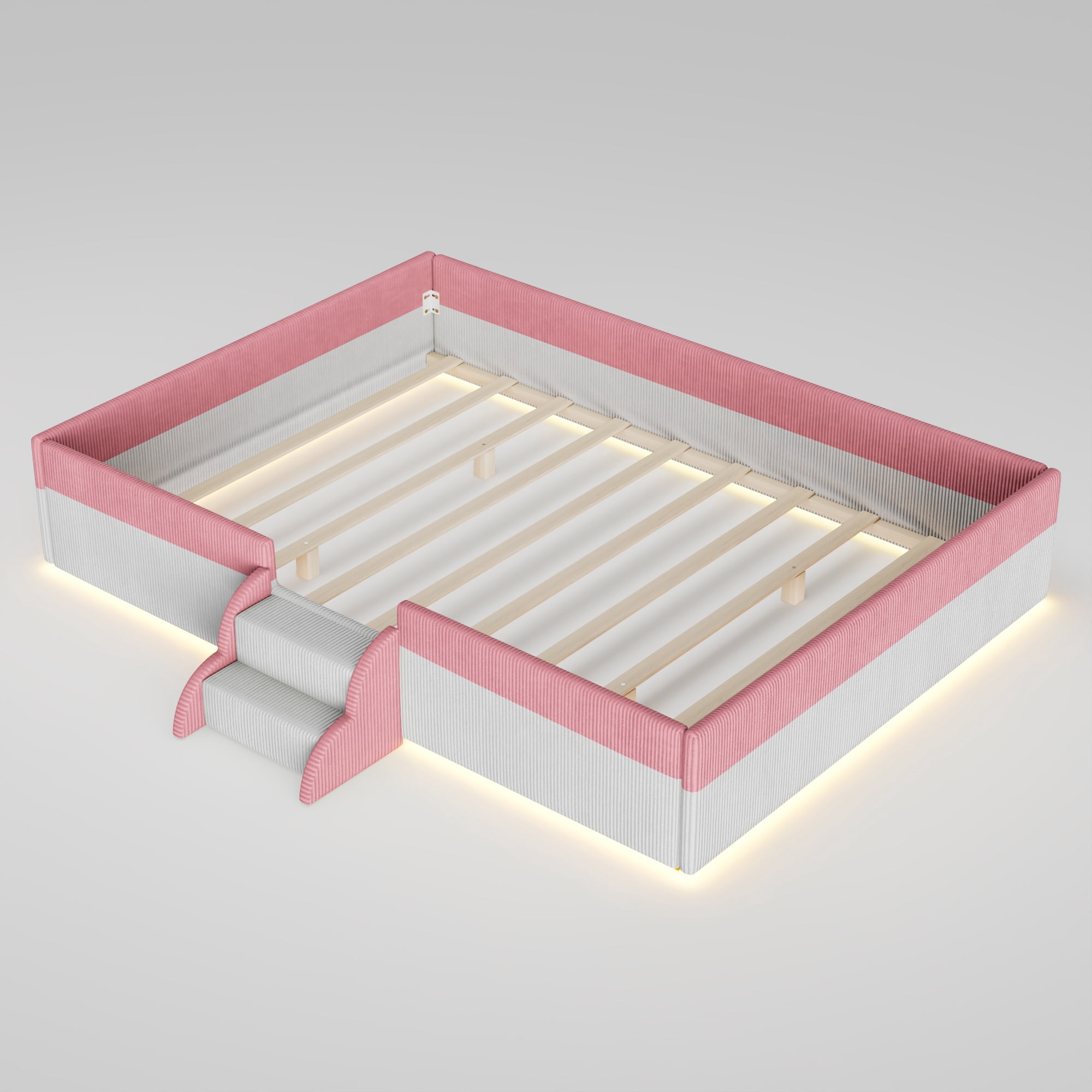 Howcool Full Size Corduroy Upholstered Floor Bed with Fence and Smart LED Lights,2-Tier Steps Platform Bed Frame,Pink+White
