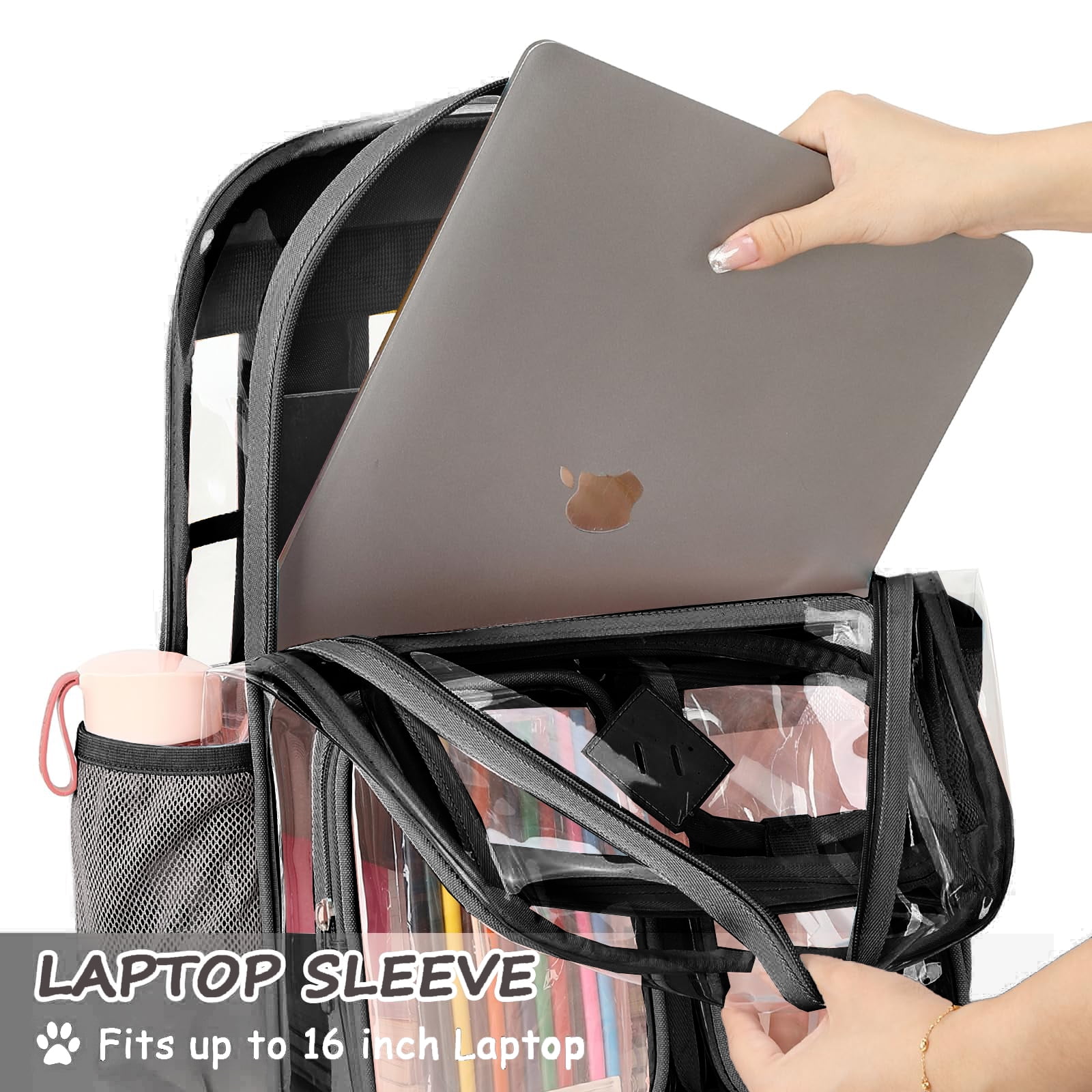 Sanmadrola Large Clear Backpack Heavy Duty Stadium Approved See Through Backpack Waterproof PVC Transparent Backpacks Clear Book Bag with Reinforced Strap for School Work Travel Festival, Black