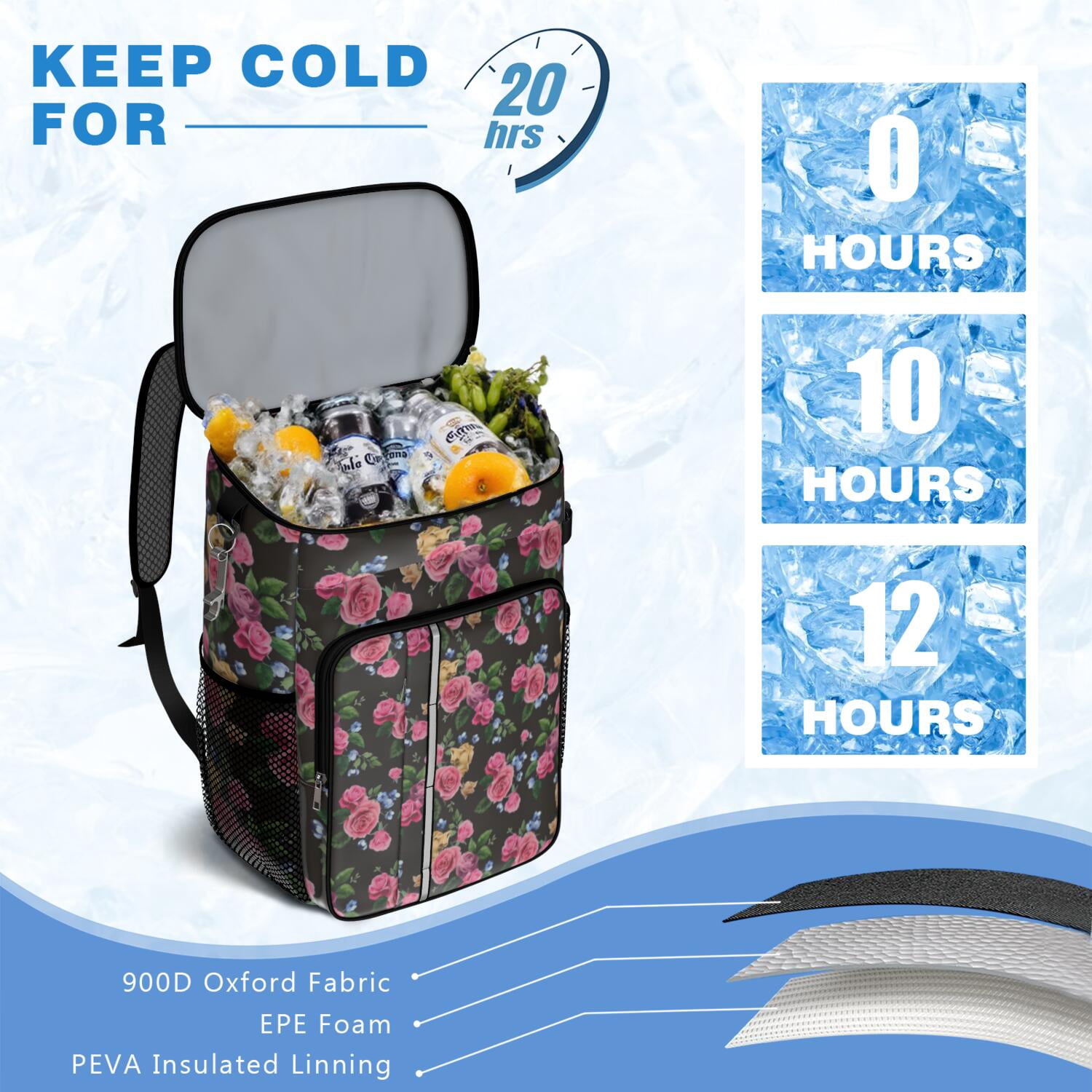 Travel Cooler Bag - Pioneer Flower Floral Print Pattern Camping Beer Cooler Backpack with Bottle Opener- Waterproof Insulated Picnic Backpacks - Cooler Bag for Beach