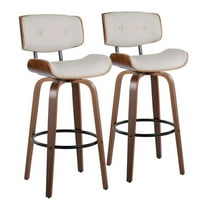 LumiSource Walnut Wood, Black Metal, Cream PU Lombardi 30" Fixed-Height Barstool - Set of 2