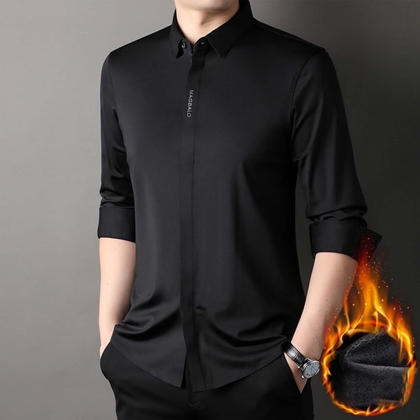 pstuiky camisas de manga larga para hombre, Camisa holgada de manga larga con cuello abatible de terciopelo de color liso para hombre Tops de hombre l