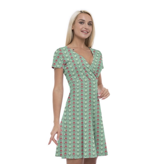 Women’s A Line Retro Summer Dress, Retro Triangle Arrangement, Cross Wrap V Neck, 6 Sizes, by Ambesonne