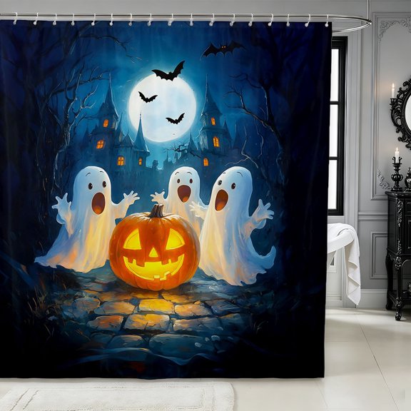 Erosebridal Halloween Ghost Castle Shower Curtain 72Wx72L,Spooky Animal Bathroom Curtain,Dark Blue
