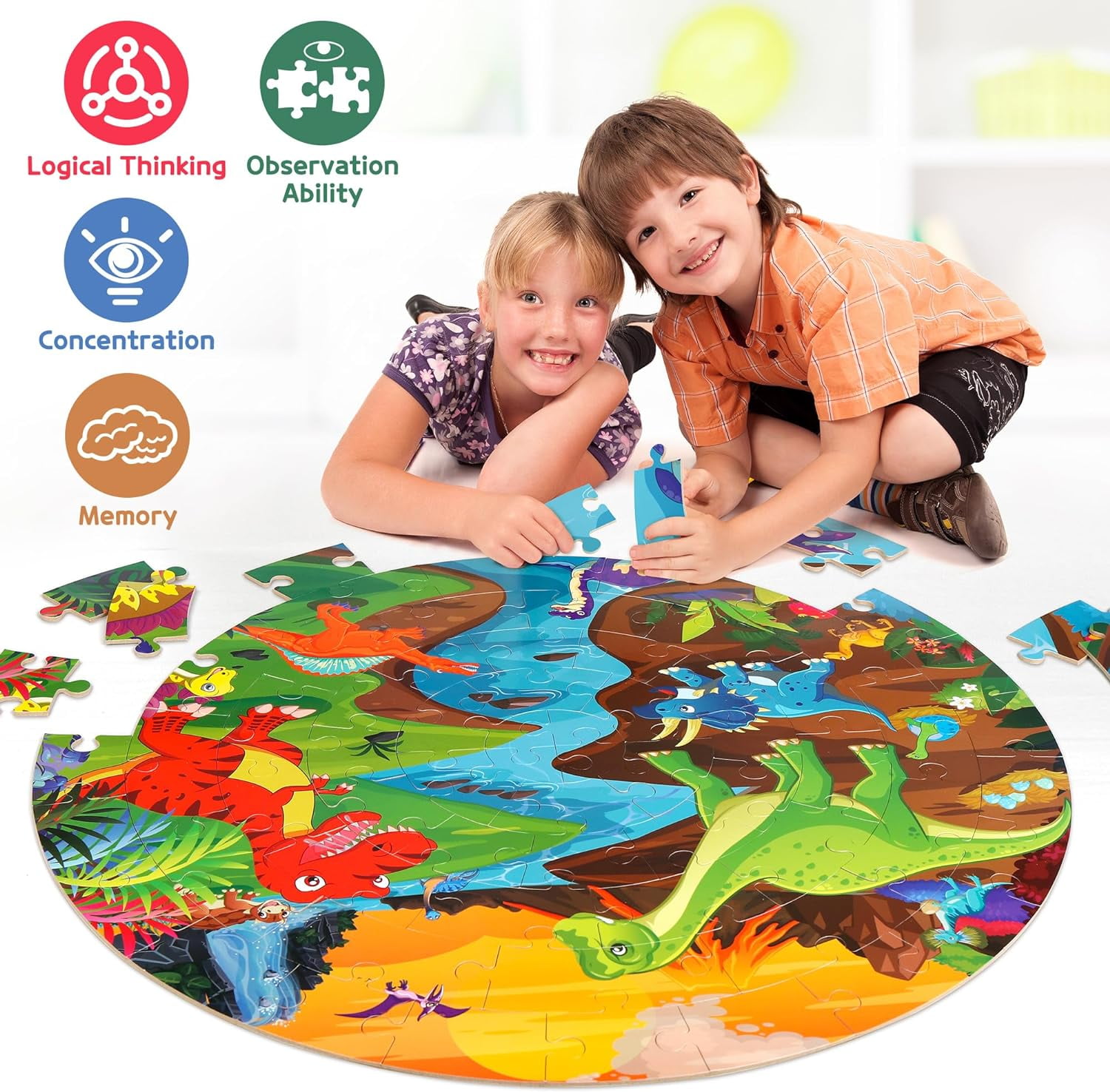 SYNARRY Dinosaur Floor Puzzle for Kids Age 3-8, 70-Piece Large Wooden Jigsaw Puzzle Set, FSC Certified Educational Puzzles