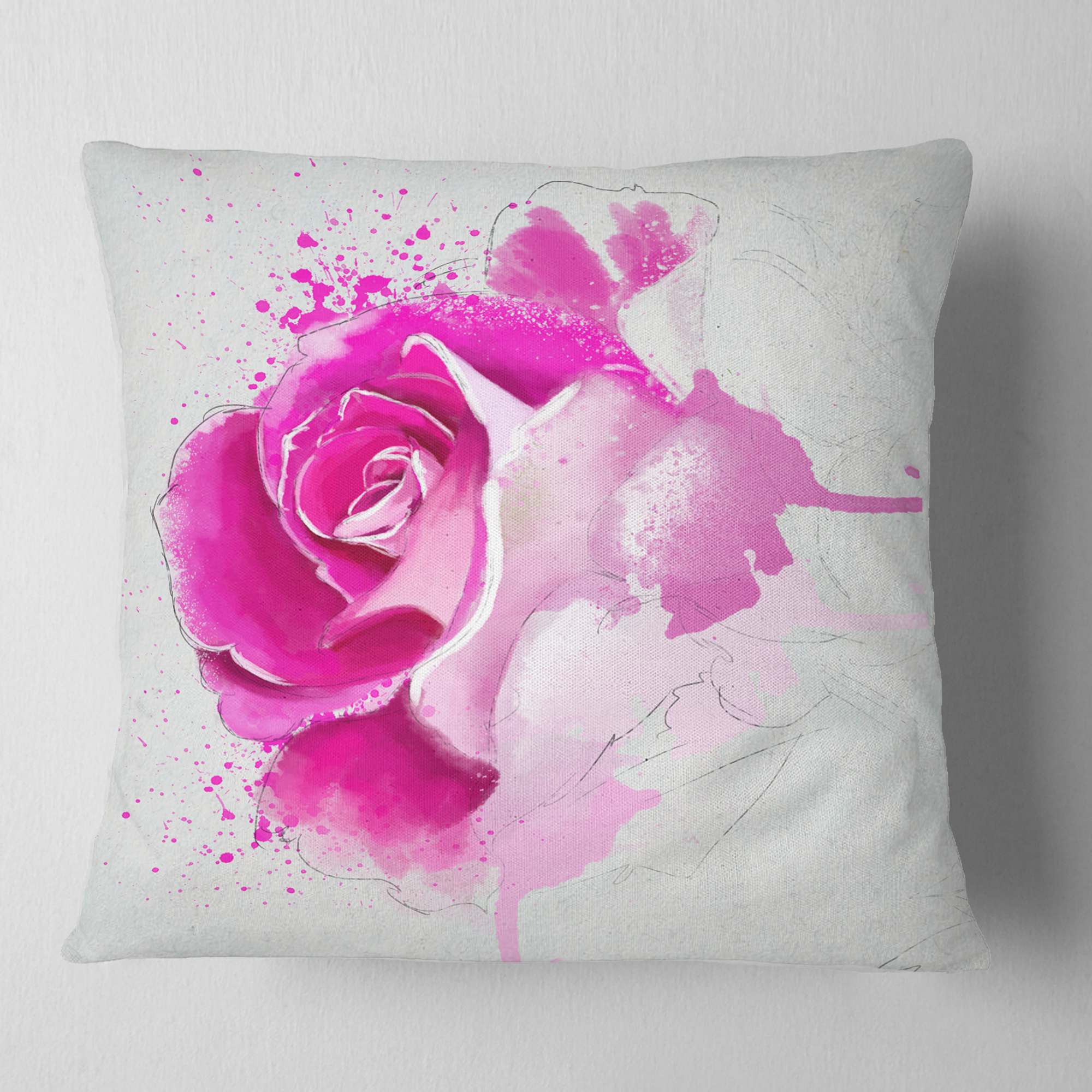 Designart Bright Pink Rose Flower Watercolor - Flowers Throw Pillowwork - 16x16