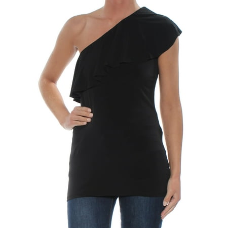 INC Womens Black Ruffled Short Sleeve Asymmetrical Neckline Blouse Evening Top Size: XS