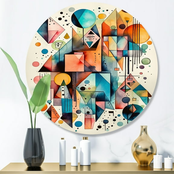 Designart "Geometry in Balance Blue and Orange I" Modern Geometric Metal Round Wall Art Prints