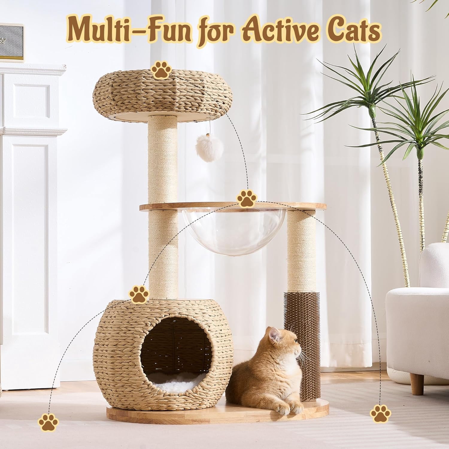 38" Modern Cat Tree Tower for Indoor Cats, Solid Wood Cat Furniture with Handwoven Rattan Basket Bed & Cave, Capsule Nest, Sisal Scratching Posts and Self-Groomer, Space-Saving Cat Condo