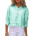 thumbnail image 7 of Lenpel Button down Shirts for Women Trendy 3/4 Sleeve Collared Ruffle Hem Striped Crop Tops Loose Fit Casual Blouses(Green,Medium), 7 of 7