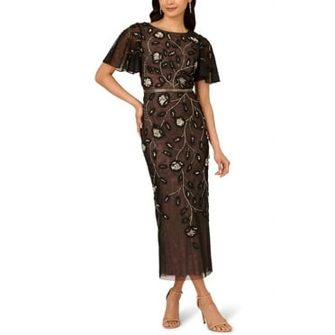 Adrianna Papell Beaded Knit Mesh Sequin Column Waist With Belt Dress Color: BLACK ROSE GOLD, Size: 6