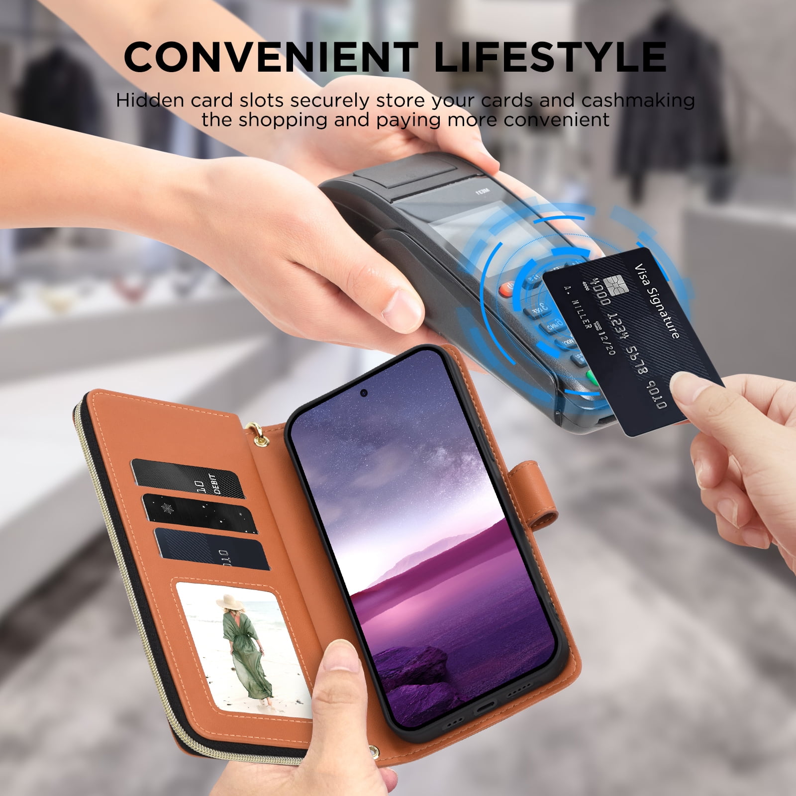 for Samsung Galaxy A56 5G Crossbody Wallet Case with 9 Card Holders, Cash Slot, Photo Slot, Zipper Pocket PU Leather Magnetic Snap Wallet Phone Case with Flip Stand & Wrist Strap & Lanyard, Brown