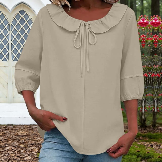 TaTaai Womens Spring Summer Solid Color Faux Linen Top Doll Collar Drawstring 3/4 Sleeve Ruffle Cuffs Casual Soft Breathable Daily Wear Blouse Gift