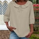 thumbnail image 2 of Mujeres Manga Corta Tops 3/4 Manga Blusa Ruffle Puff Cordón de Lino Color Sólido Casual Camisa de Verano, 2 of 5