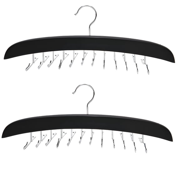 2 Pcs Solid Wood Tie and Belt Rack Hanger, 24 Hook Closet Organizer for Scarves and Accessories, 360 Degree Swivel, Space Saving Black Finish