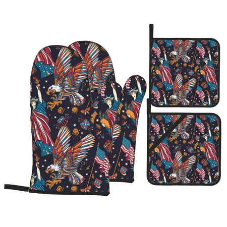 

Oven Mitts and Pot Holders Sets 4 pcs - United States Of America Heat Resistant Silicone Oven Gloves with Non-Slip Silicone Surface and hot pads for kitchen Baking Cooking BBQ