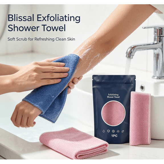 Blissal Exfoliating Antibacterial Shower Towel, Extra‑Long Back Scrub Wash Cloth, Blue & Pink Couples Bath Towel, Body Exfoliating Washcloth for Shower Skin Care