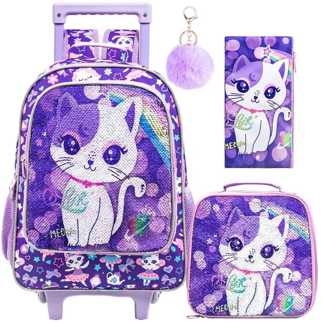 Mochila con ruedas KLFVB Kids para niñas con bolsa de almuerzo y bolsa para lápices
