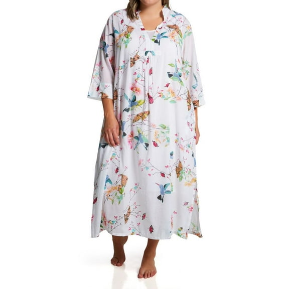 Women's La Cera 3055X Plus 100% Cotton Voile Lined Hummingbird Caftan (White/Hummingbird 2X)