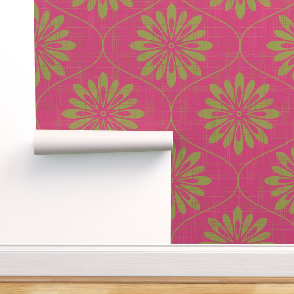 Peel & Stick Wallpaper Swatch - Flower Texture Pink Green Floral Retro Big  60S Mod Custom Removable Wallpaper by Spoonflower 