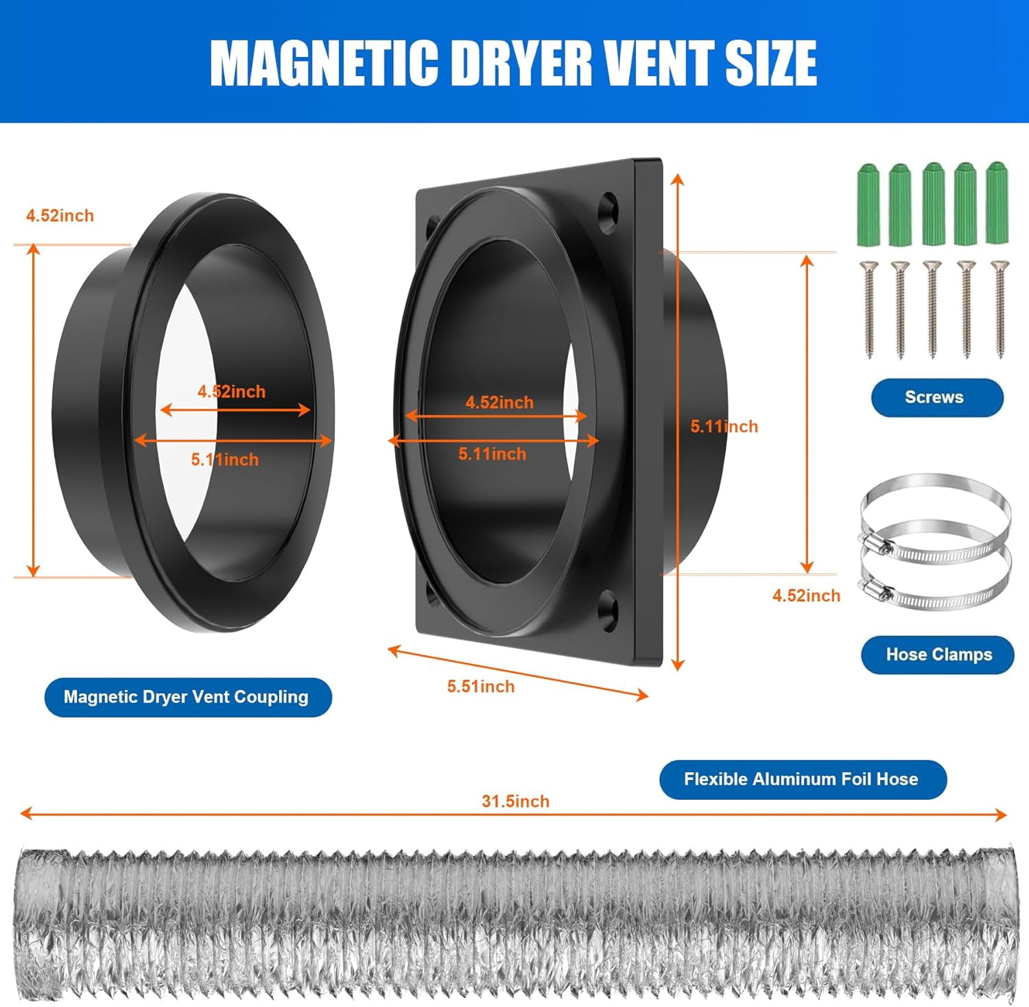 Magnetic Dryer Vent, Airtight Seal Magnetic Dryer Vent Connector Kit Strong Magnet Dryer Vent Quick Connect Disconnect Easy to Clean Flexible Hose 4" Exhaust Duct Adapter Attachment with Clamp Screw