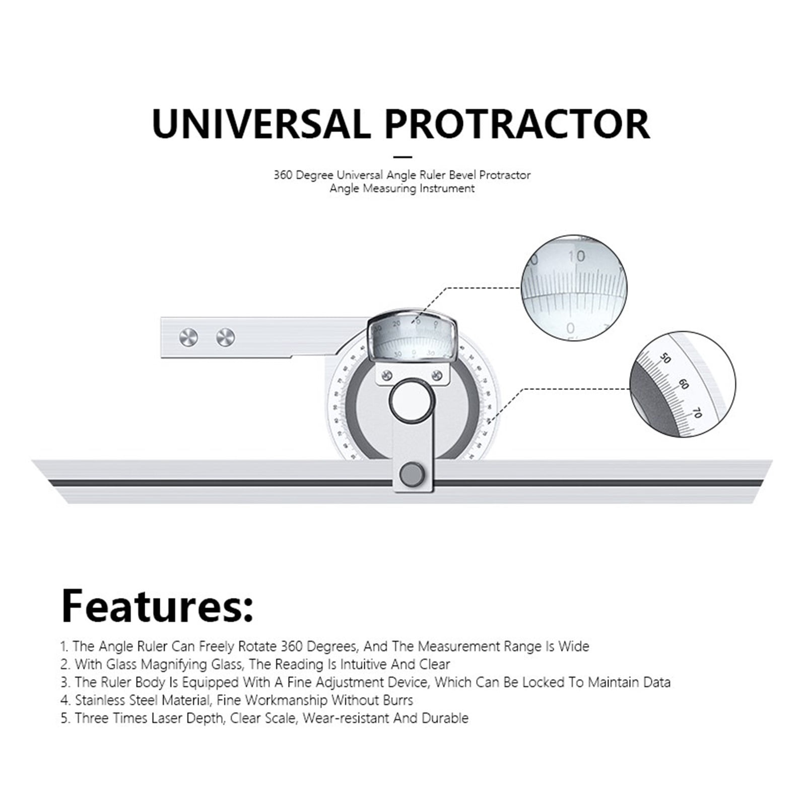Angle Ruler Protractor 0-360 Dgeree Angle Finder Ruler Measuring Stainless Steel Vernier Capliper Measuring Instrument ,Easy to Operate