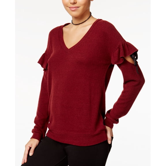 Almost Famous Juniors Ruffled Cozy Sweater Burgundy XS