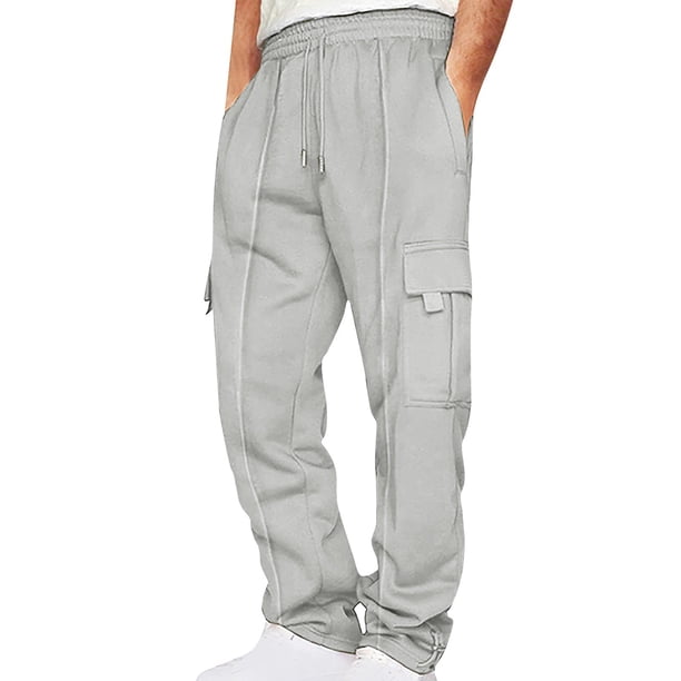 Pantalones largos para hombre, de color liso, holgados, con cordón, cintura elástica, multibolsillos, para trabajo, deportivos, de poliéster.