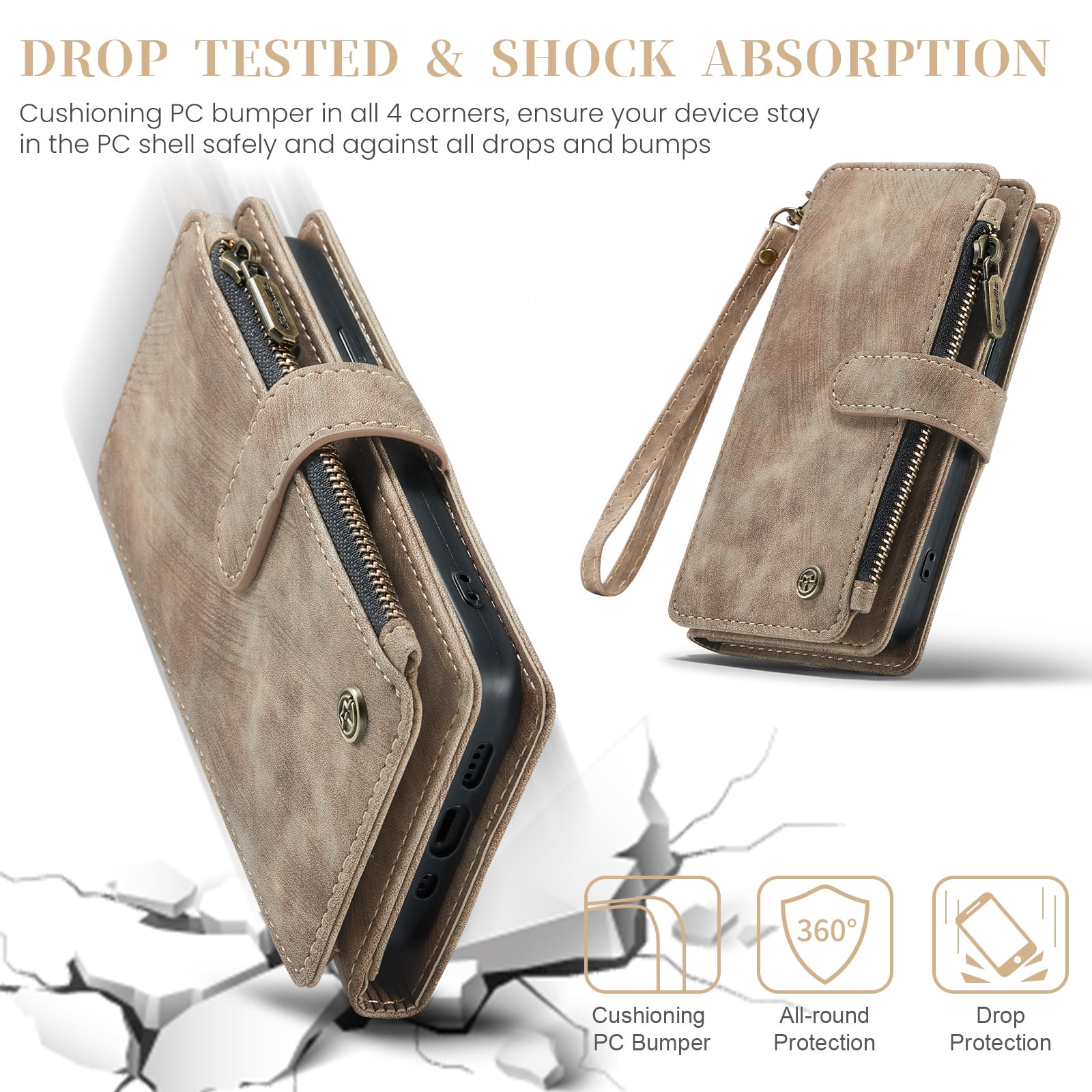 Dteck for iPhone 15 Plus Case with Card Holder, Premium iPhone 15 Plus Wallet Case for Women Men, Heavy Duty Durable PU Leather With Flip Zipper Pocket Phone Case w/ Wrist Strap Lanyard,Brown