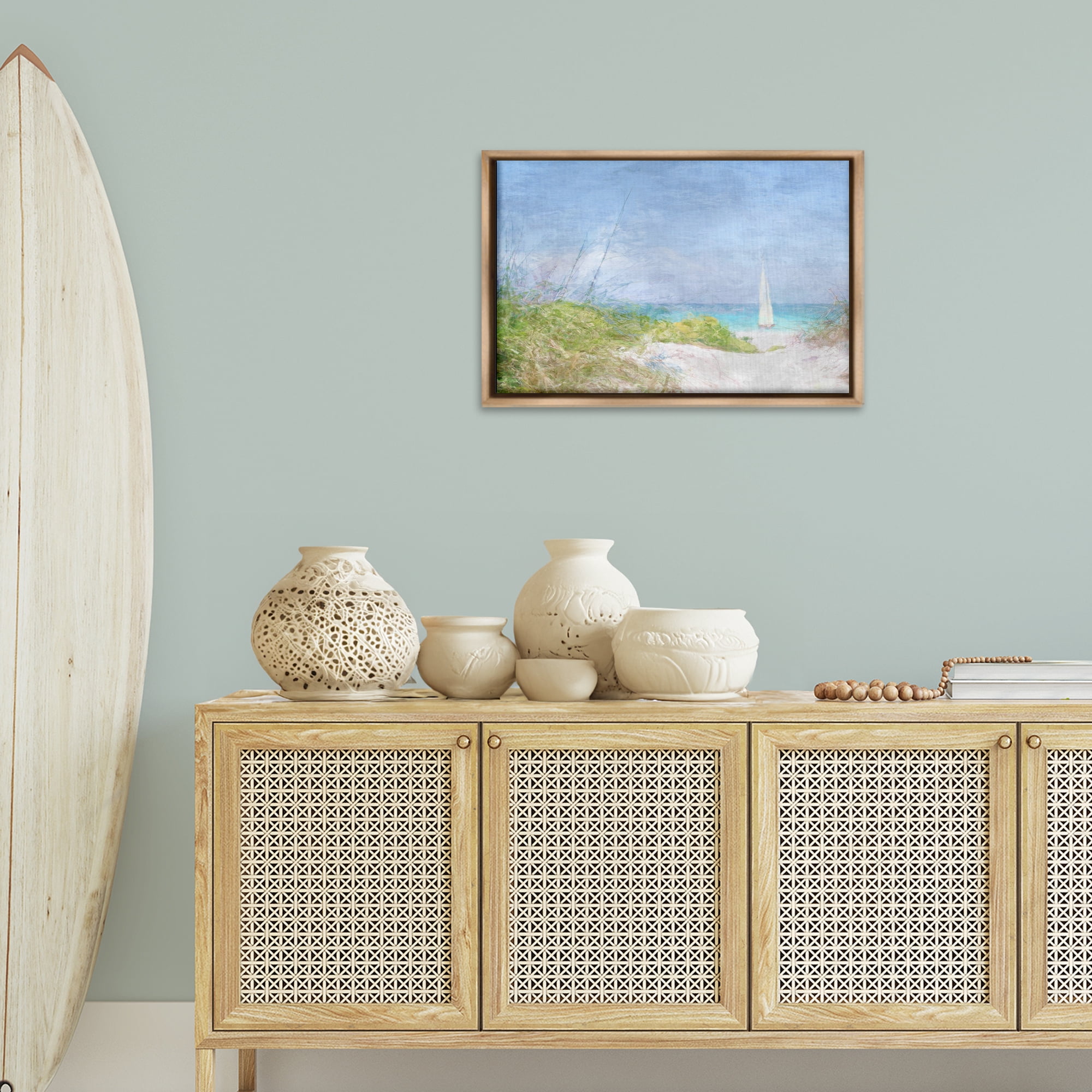 Stupell Industries Solitary Yacht Seascape Coastal Painting Brown Floater Framed Canvas Art Print Wall Art, 25 x 17