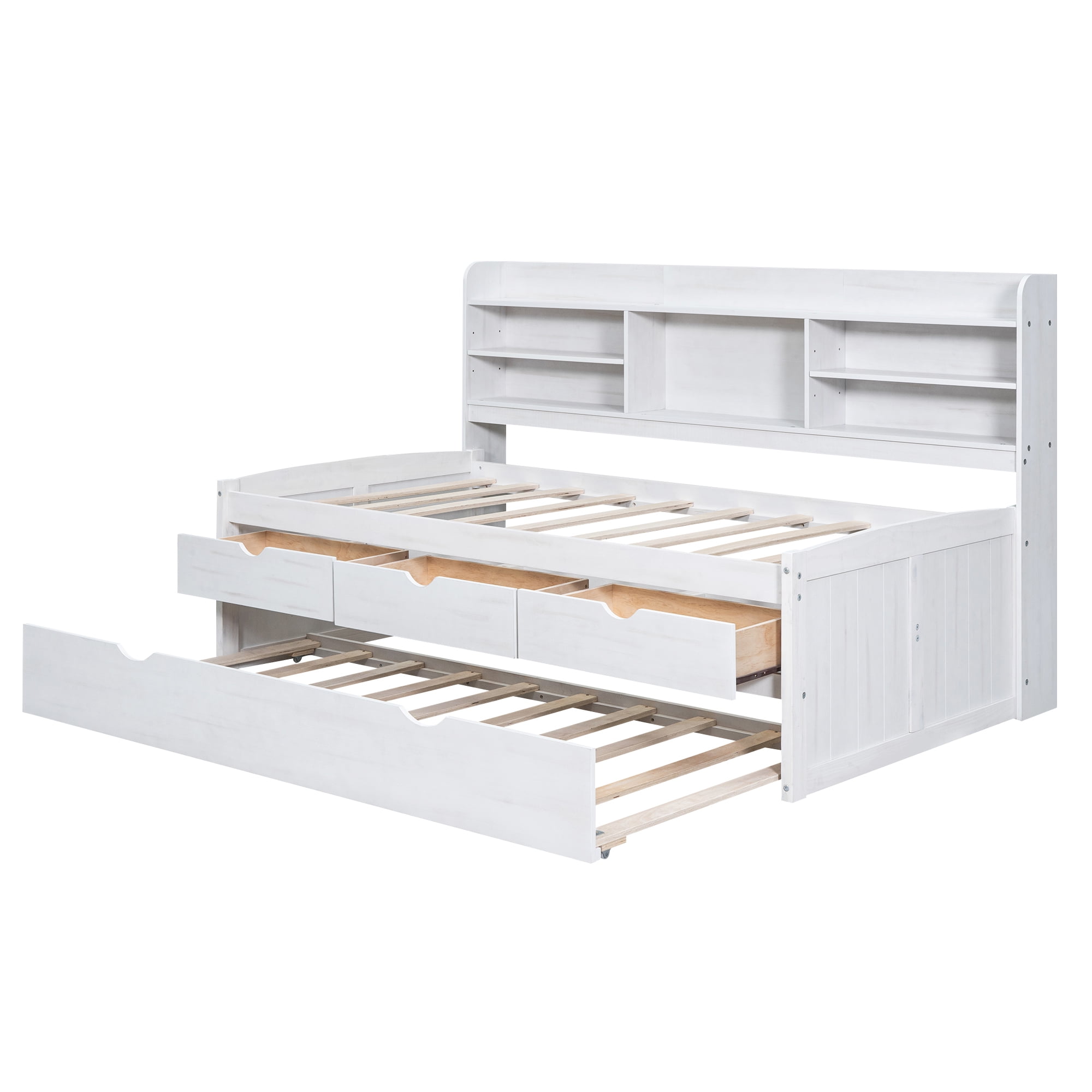 EUROCO Twin Size Captain Bed, Daybed with Trundle and Bookcase,Drawers and Shelf Platform Bed, White