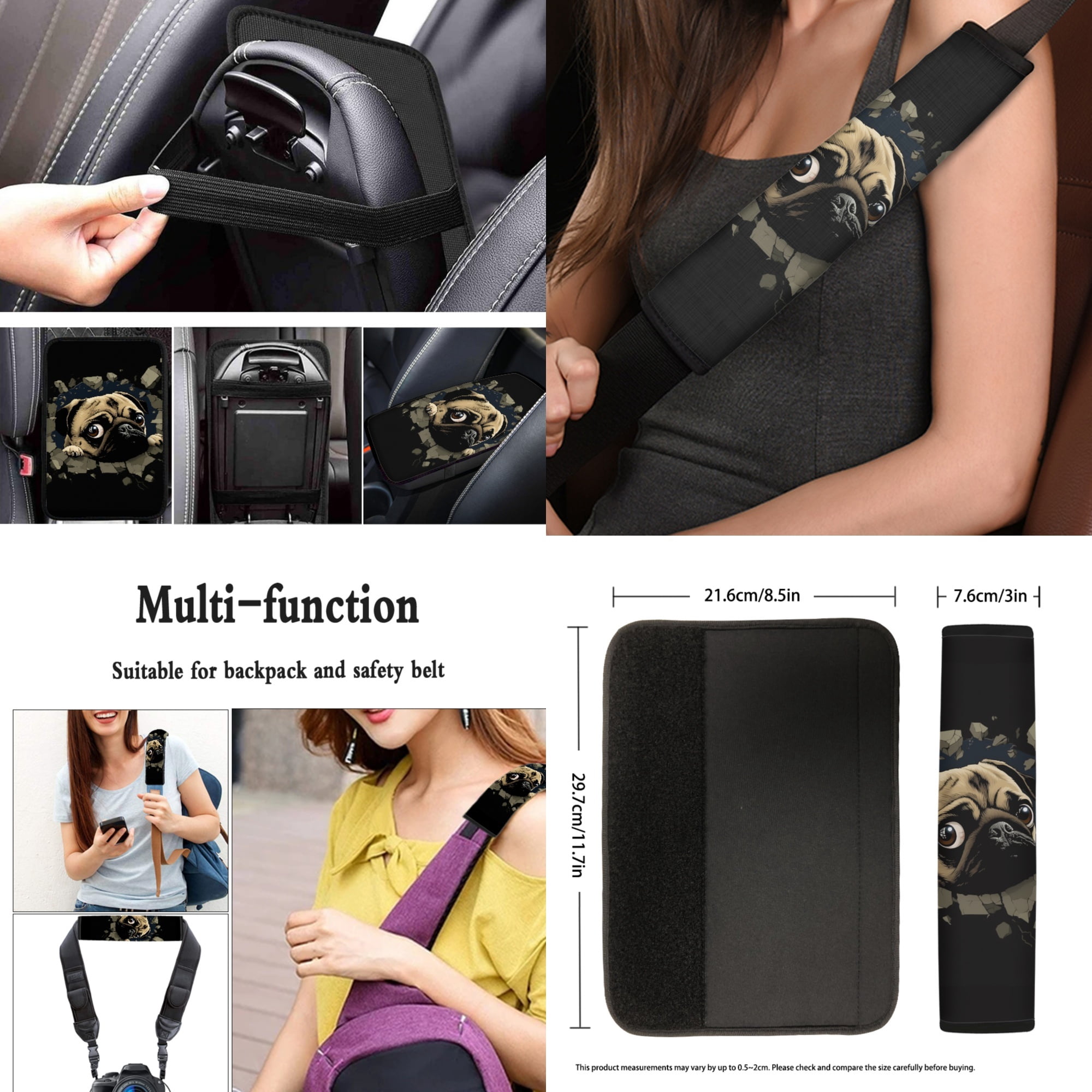 Jeiento Cute Pug 13 PCS Car Seat Cover Set, with Steering Wheel Seat Belt Covers Center Console Pad Coasters Keychain Lipstick Holder Auto Interior Accessories Full Set for Women Men