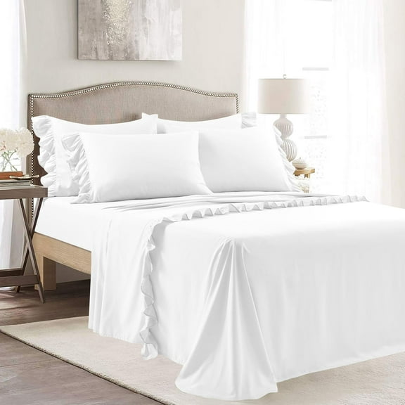4 Piece Corner Ruffle Sheet Set, 3" Inch Corner Ruffle On Flat Sheet, 24 Inch Deep Pocket, 100% Egyptian Cotton, 800 TC, Twin XL Size, Solid White