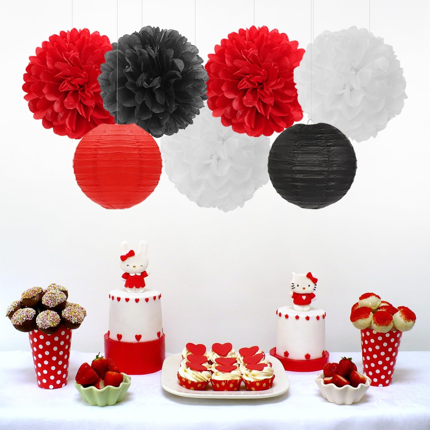 Red-Black White Party-Decorations Paper Flowers Lanterns - 15PCS Halloween Birthday Tissue Pom Poms Streamers,Wedding Baby Bridal Shower Hanging Supplies Decor