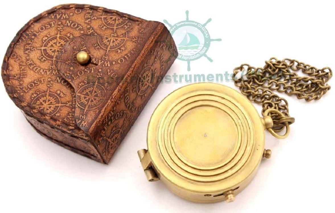 Roorkee Instruments India Brass Golden Colored Engraved Compass with Imprinted Case