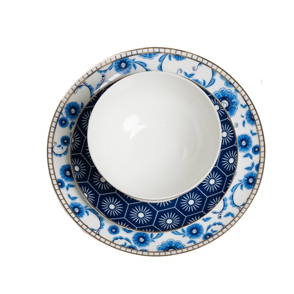 Ozarke Gem Blue White Plate Set, Fine Bone China (Set of 12)