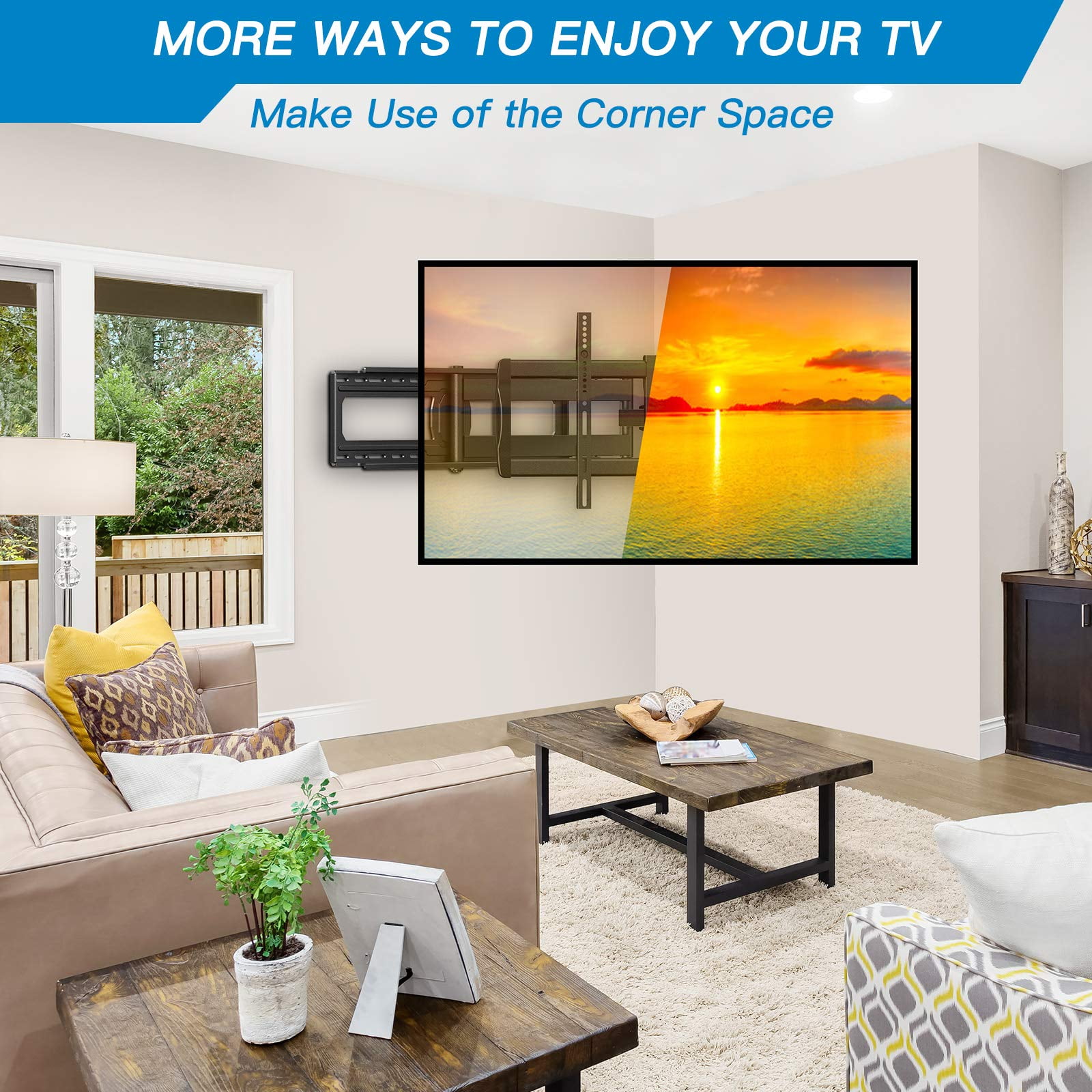 MountFTV Full Motion Long Arm TV Wall Mount for 42"-90" TVs,with 42.72 inch Long Arm Extension,up to 150 lbs,Corner Articulating TV Mount Bracket,Max 800x400mm,Swivel and Tilt