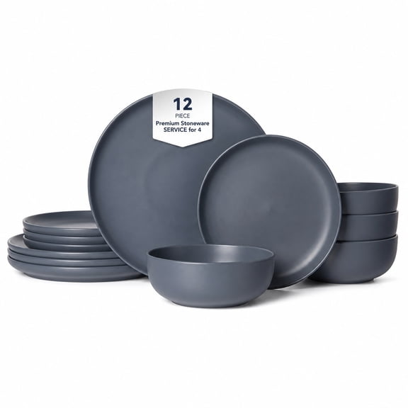 Stoneware Dinnerware Set 12 Piece Matte Blue Dishware for 4