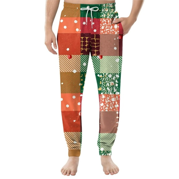 Men's Drawstring Pocket Casual Pants, Checkered Striped Printed Pocket Casual Pants, Home Sleeping Pants