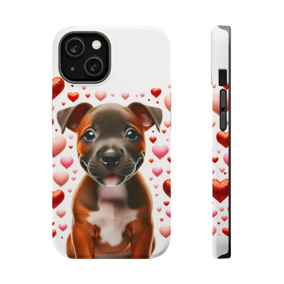 DistinctInk Tough Case for Apple iPhone 14 (6.1" Screen), Compatible with MagSafe Charging - Valentine's Day Staffordshire Bull Terrier Puppy