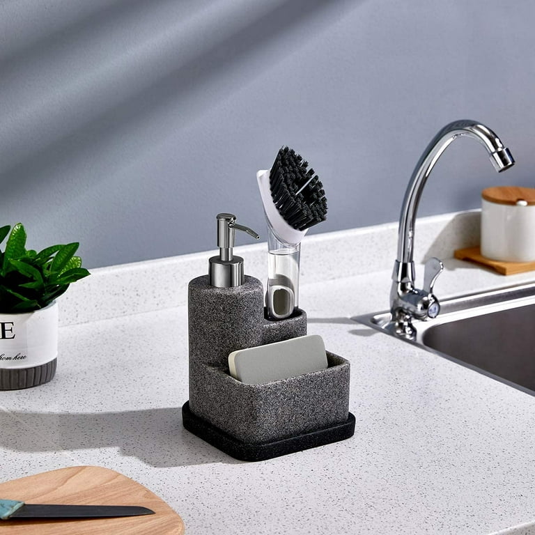 Soap Dispenser with Sponge Holder and Brush Holder,White Marble 3 in 1  Liquid Hand Dish Soap Dispenser and Sponge Holder Sink Caddy Organizer for