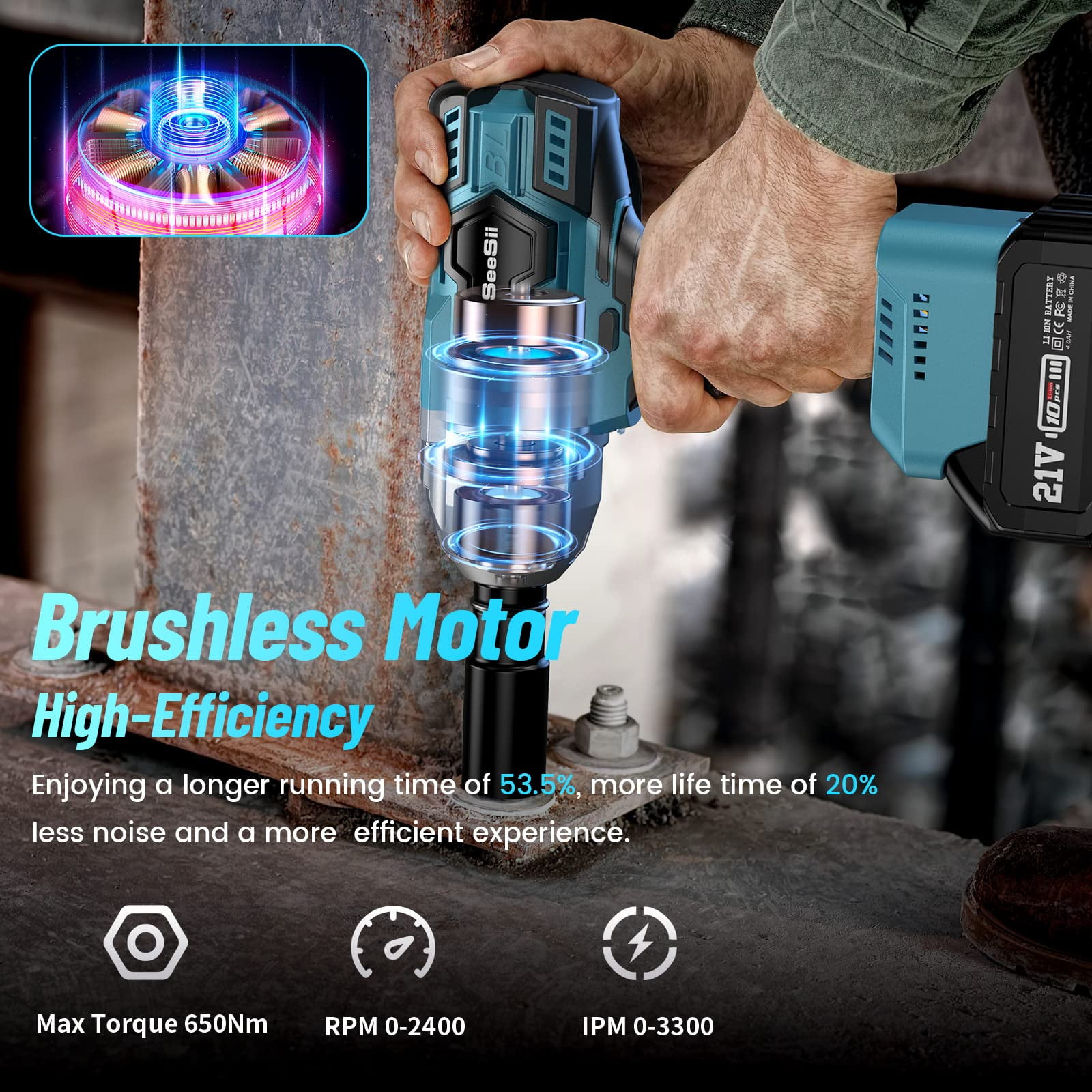 Seesii 650Nm Cordless Impact Wrench 1/2 inch, 480Ft-lbs Impact Gun Screwdriver, 3300RPM Powered Impact Driver w/ 2x 4.0Ah Batteries, 6 Sockets, 8 Drills & 6 Screws for Automotive Repair, WH700