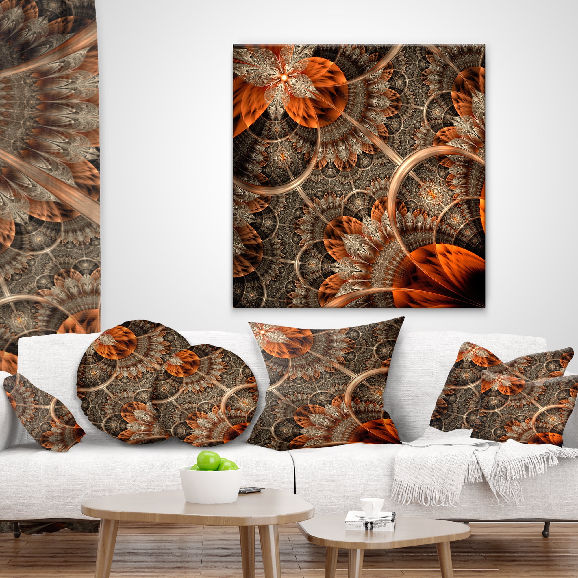 Designart Orange Brown Digital Art Fractal Flower - Floral Throw Pillow - 16x16