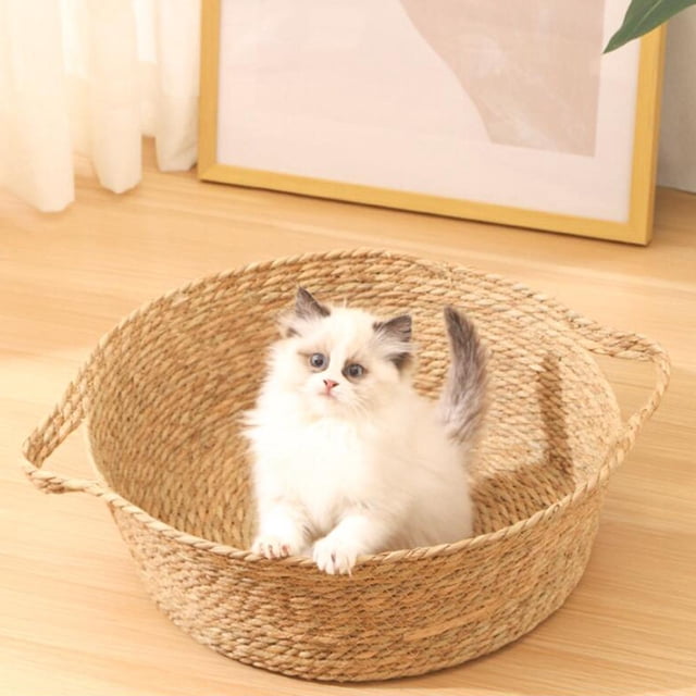 Cama para gatos con tejido de cesta, cama para gatos, cama para gatitos tejida a mano de verano, cama para perros pequeños de ratán fresco para gatos beige 50cmx17cm