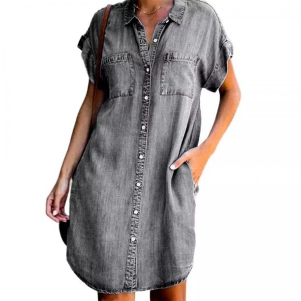 2021 Fashion New Ladies Denim Dress Short Sleeve Pockets Single Breasted Women Shirt Knee Length Party Beach Sexy Ladies DressesS Gao Jinjia LED