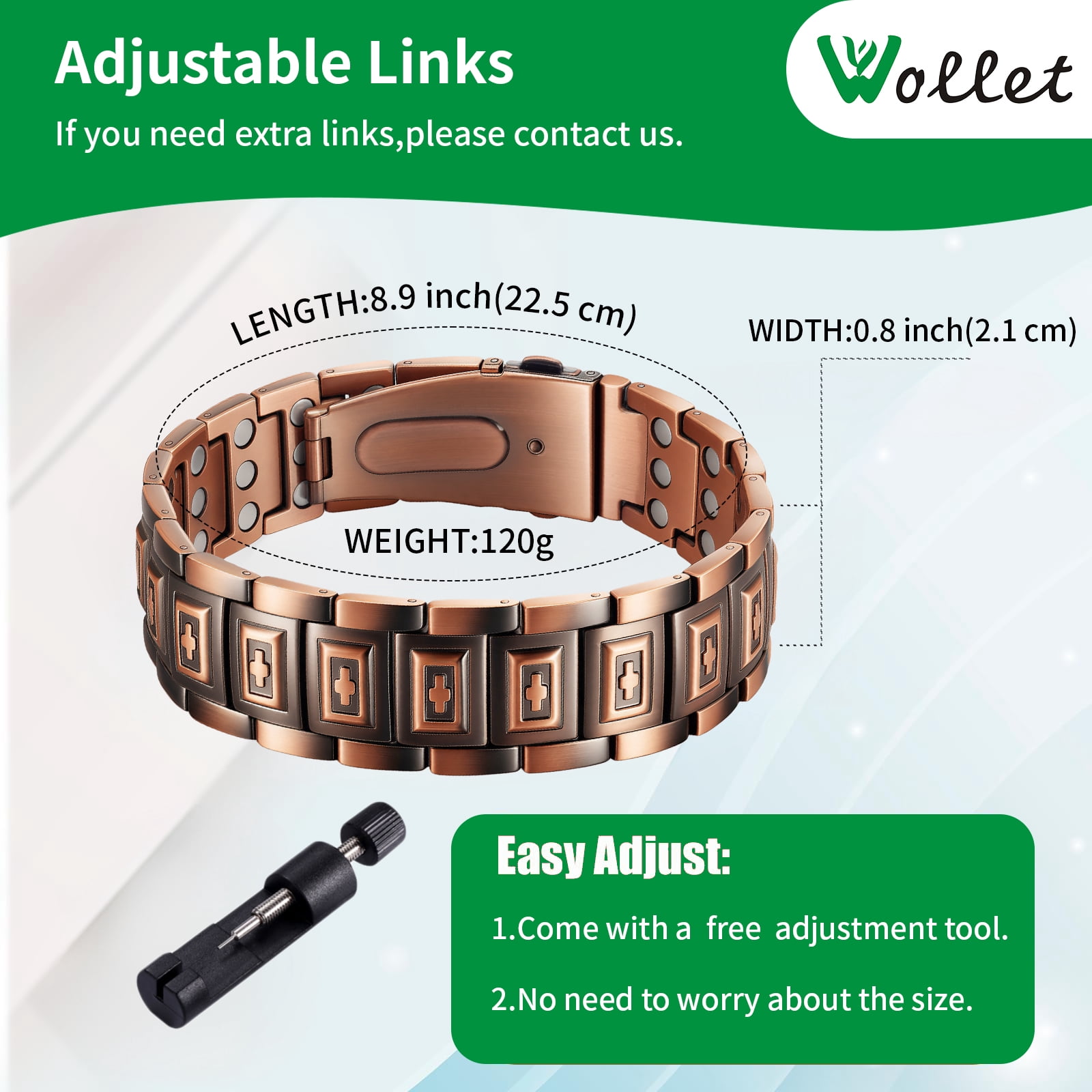 Wollet  3X  Copper Magnetic Bracelet for Men, Gifts for Husband, 8.7 in, Come with Sizing Tool
