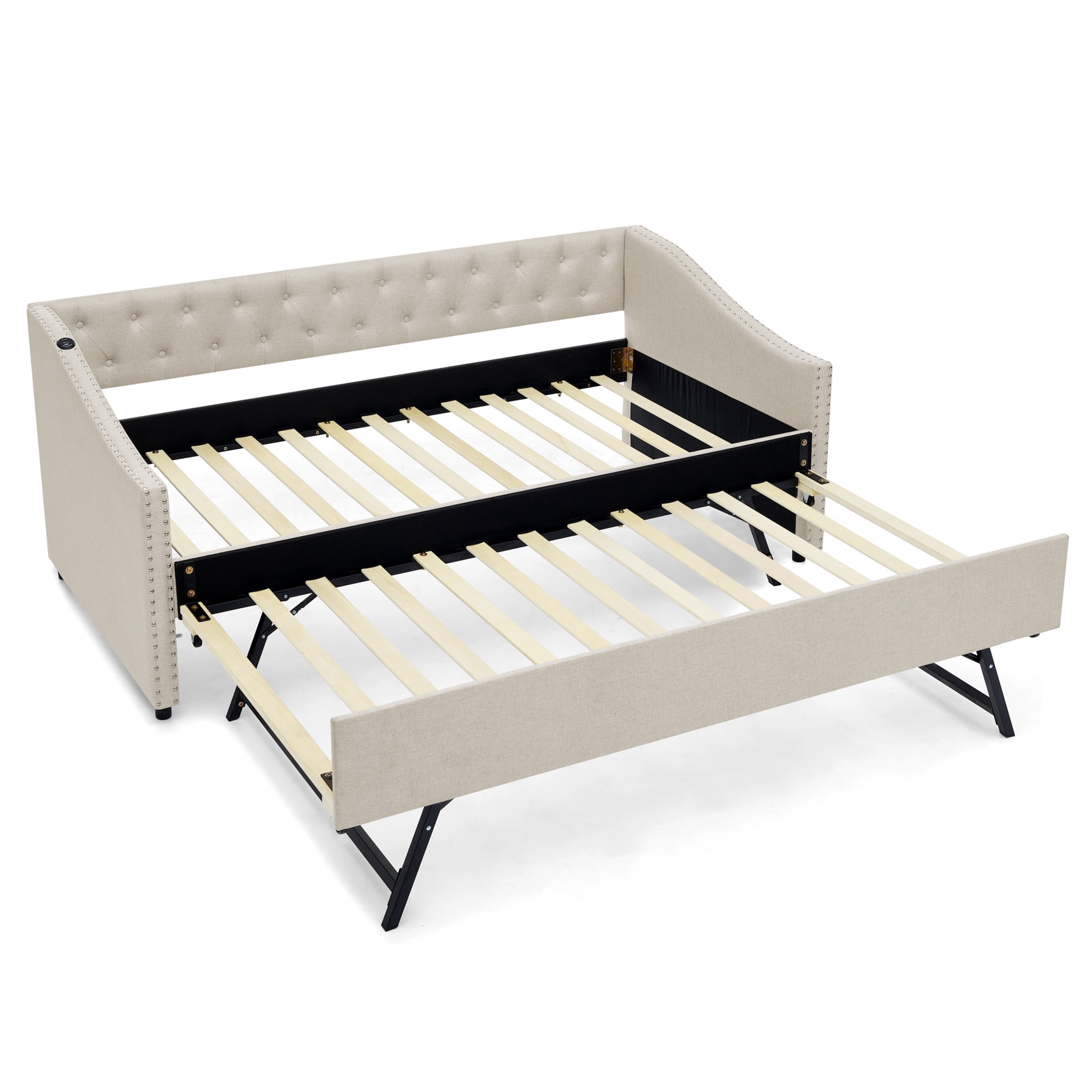 Noble House Liza Twin Size Upholstered Tufted Daybed, Extendable Pull-out Double Bed Frame with Charging Port, Beige