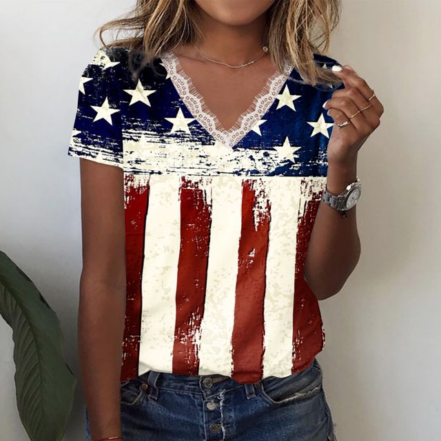 Fiudx Ropa de Mujer Moda Mujer Casual Día de La Independencia Impresión Blusa Manga Corta Camiseta Verano Encaje Tops