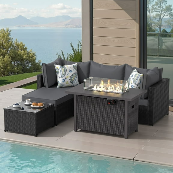 6 PCS Patio Furniture Sets w/ 42" Fire Pit Table Outdoor Conversation Sectional Sofa w/ 50000 BTU Propane Fire Pit Weaving Wicker Rattan Patio Conversation Set With Ottoman, Cushion And Coffee Table
